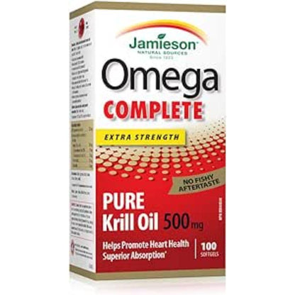 Jamieson Omega Complete Pure Krill Oil 500 mg, 100 Softgels, No Fishy Aftertaste, Supports Heart Health, and Provides Superior Absorption. With Antarctic Krill Oil. Proudly Canadian Jamieson