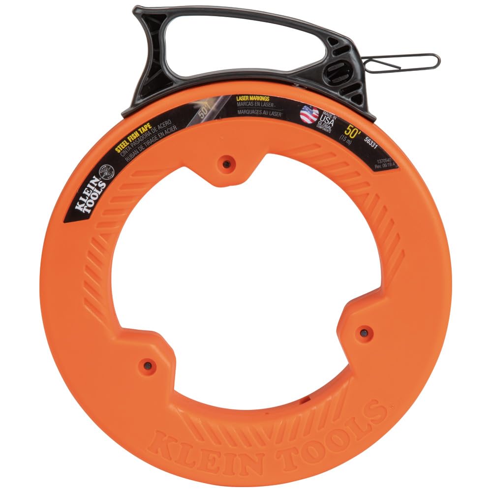 Klein Tools 56331 50-Foot Electrical Fish Tape, Steel Wire Puller with Double Loop Tip, Optimized Housing and Handle, 1/8-Inch,Orange/Black KLEIN TOOLS