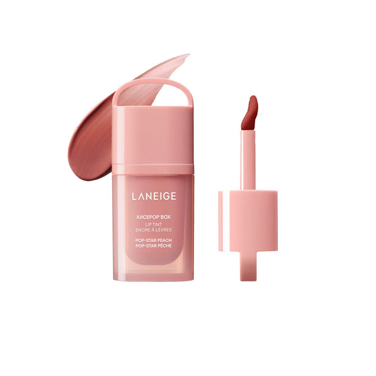 LANEIGE JuicePop Box Lip Tint: 12‑HR Hydrating Lightweight Stain with Buildable Juicy Color & Nourishing Shine, a K‑Beauty Lip Essential for Long‑Lasting Comfort, Pop-Star Peach - Available at All In One Marketplace Canada