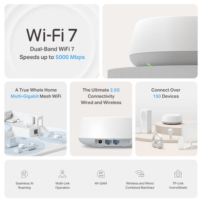 TP-Link Deco 7 BE25 Dual-Band BE5000 WiFi 7 Mesh Wi-Fi System - 4-Stream 5 Gbps, 240 Mhz | Covers up to 6,600 Sq.Ft | 2X 2.5G Ports Wired Backhaul | VPN,MLO, AI-Roaming, HomeShield (3-Pack)