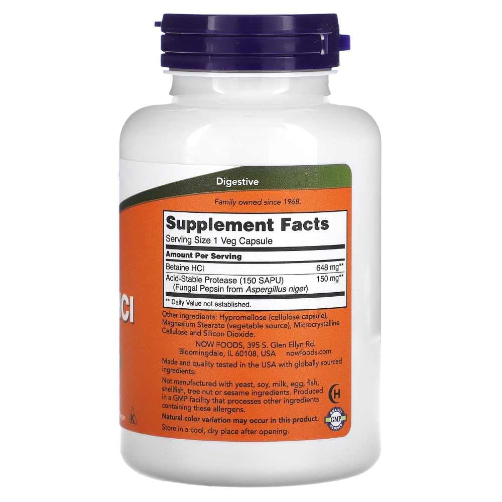 NOW Supplements, Betaine HCl 648 mg, Vegetarian Formula, Digestive Support, 120 Veg Capsules