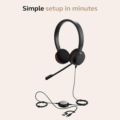 Jabra Evolve 20 Wired Headset (2025 Edition) with USB-A/USB-C, Black