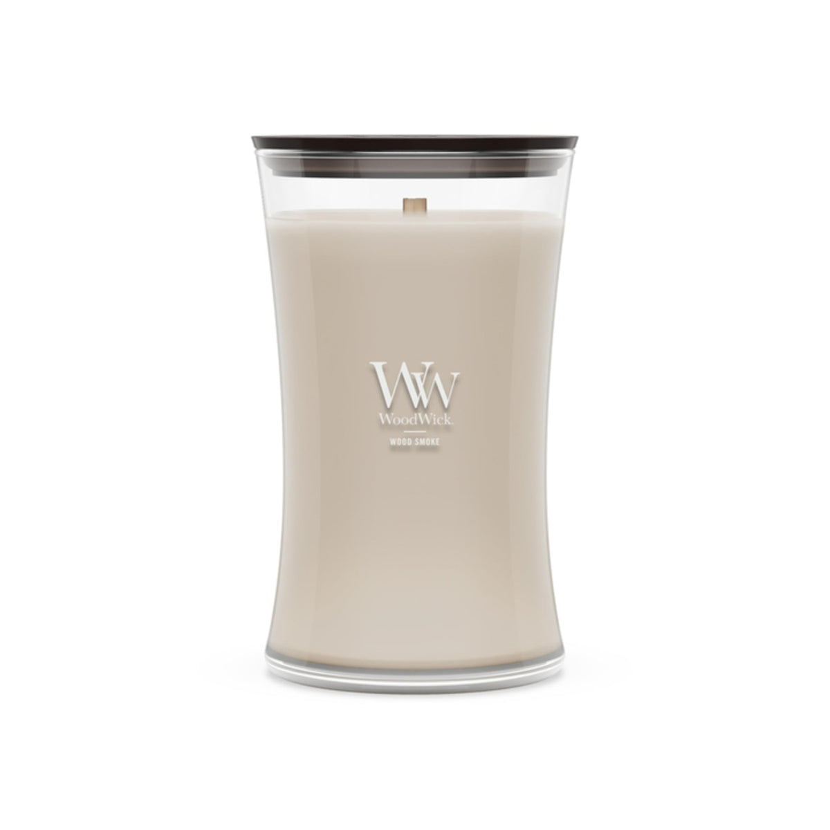 Bougie parfumée WoodWick en forme de sablier, Wood Smoke, 609,5 g, grande taille, jusqu'à 130 heures de combustion, bougie d'automne avec mèche crépitante, mélange de cire de soja, bougie d'Halloween
