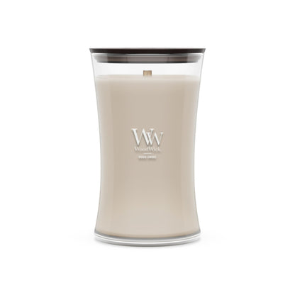 Bougie parfumée WoodWick en forme de sablier, Wood Smoke, 609,5 g, grande taille, jusqu'à 130 heures de combustion, bougie d'automne avec mèche crépitante, mélange de cire de soja, bougie d'Halloween