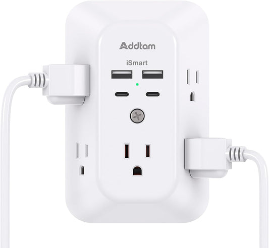 Power Bar, USB Wall Charger Surge Protector 5 Outlet Extender with 4 USB Charging Ports (2 USB C), Multi Plug Outlet, 3-Sided 1800J Power Strip Outlets Splitter Wall Plug Adapter for Home Office Dorm - Available at All In One Marketplace Canada