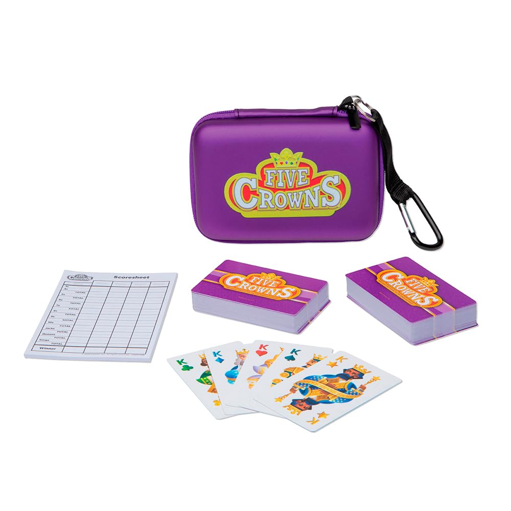 Five Crowns Travel Case – Bilingual Card Game with Soft Case and Clip, 5-Suited Rummy-Style Game for Families and Kids, 1–7 Players, Ages 8+
