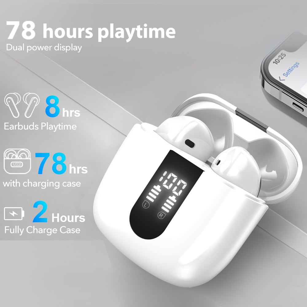 JBES Bluetooth Earbuds Wireless Headphones, 60H Deep Bass Ear Buds with 4 Noise Cancelling Microphone, IP5 Waterproof Earphones for iPhone Android Sports audifonos Bluetooth inalambricos (Pearl)