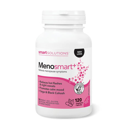 Smart Solutions Menosmart+ Vegetarian Capsules, Reduces Hot Flashes and Night Sweats, Promotes a Calm Mood, and Relieves Menopause Symptoms. With Sage, Black Cohosh, and Chasteberry, Gluten-Free, 120 Count - Available at All In One Marketplace Canada