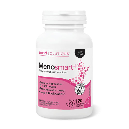 Smart Solutions Menosmart+ Vegetarian Capsules, Reduces Hot Flashes and Night Sweats, Promotes a Calm Mood, and Relieves Menopause Symptoms. With Sage, Black Cohosh, and Chasteberry, Gluten-Free, 120 Count - Available at All In One Marketplace Canada