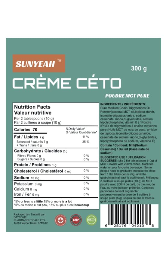 SUNYEAH MCT Oil Powder – C8 C10 Coconut-Based Creamer, 300g, 70% MCT Content, Keto & Paleo Friendly, Unflavored, Non-GMO