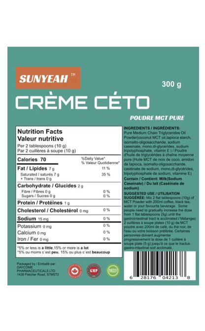 SUNYEAH MCT Oil Powder – C8 C10 Coconut-Based Creamer, 300g, 70% MCT Content, Keto & Paleo Friendly, Unflavored, Non-GMO