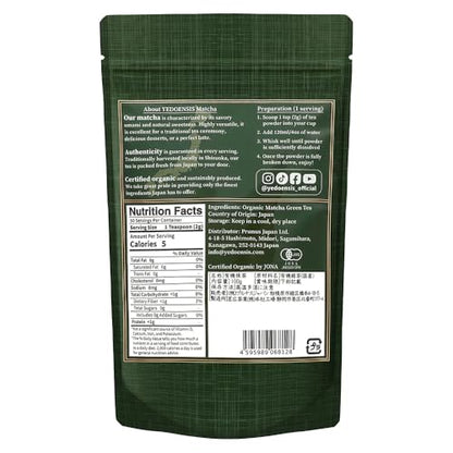 YEDOENSIS Premium Matcha - Organic Japanese Green Tea Powder, JAS Certified, Vegan & Gluten-Free (100g)