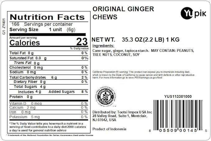 Yupik Ginger Chews - 1 kg Individually Wrapped Soft & Chewy Candy with Real Ginger