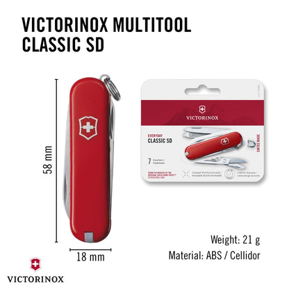 Victorinox Classic SD Swiss Army Knife, Compact, 7 Functions, Swiss Made Pocket Knife with Small Blade, Screwdriver and Key Ring - Style Icon (Red) Victorinox