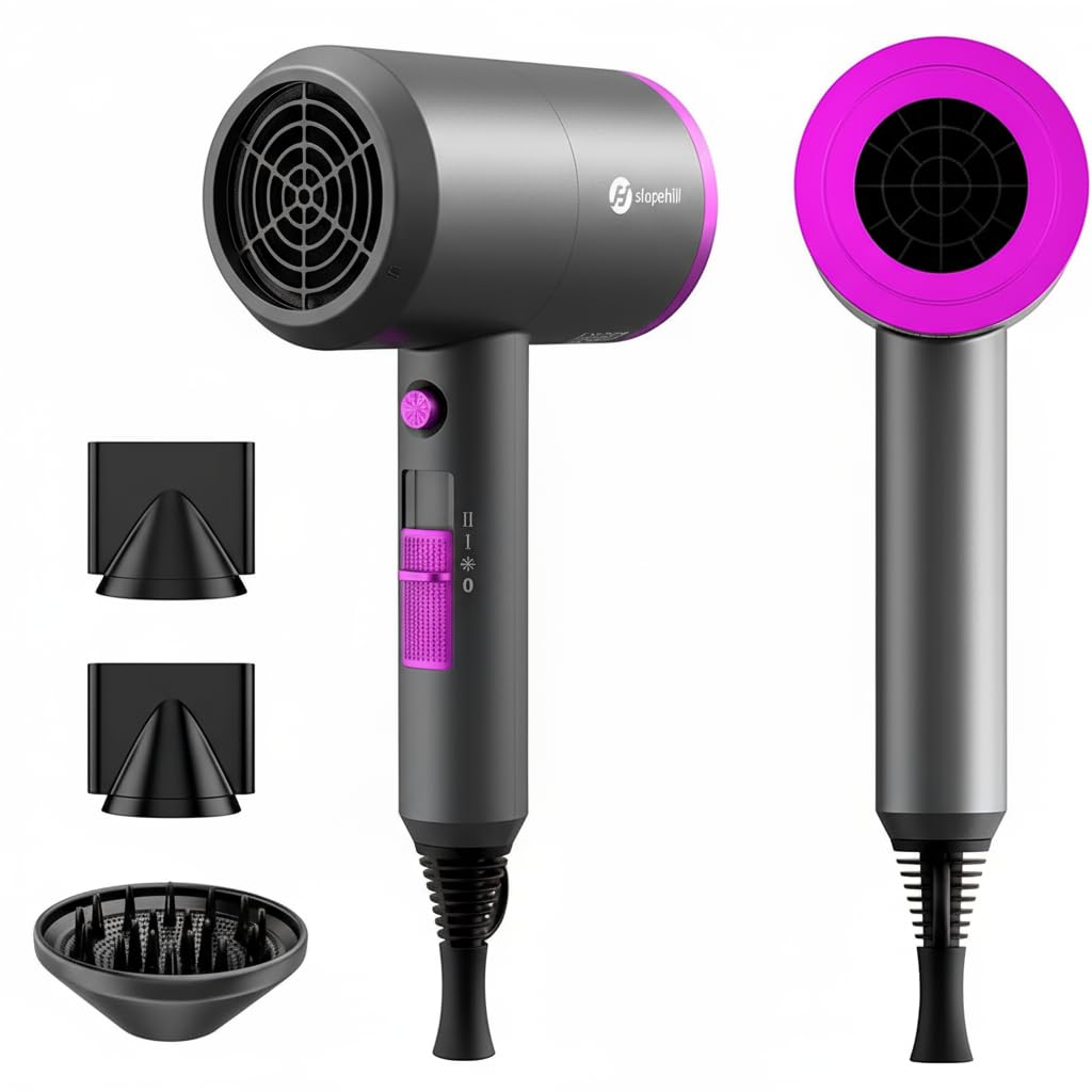 Slopehill Professional Ionic Hair Dryer, Powerful 1800W Fast Drying Low Noise Blow Dryer with 2 Concentrator Nozzle 1 Diffuser Attachments for Home Salon Travel (Grey)