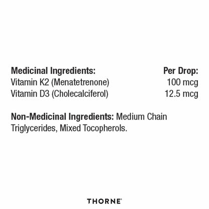 THORNE - Vitamin D/K2 Liquid (Metered Dispenser) - Dietary Supplement with Vitamins D3 and K2 to Support Healthy Bones and Muscles - 1 Fluid Ounce (30 mL) - Available at All In One Marketplace Canada