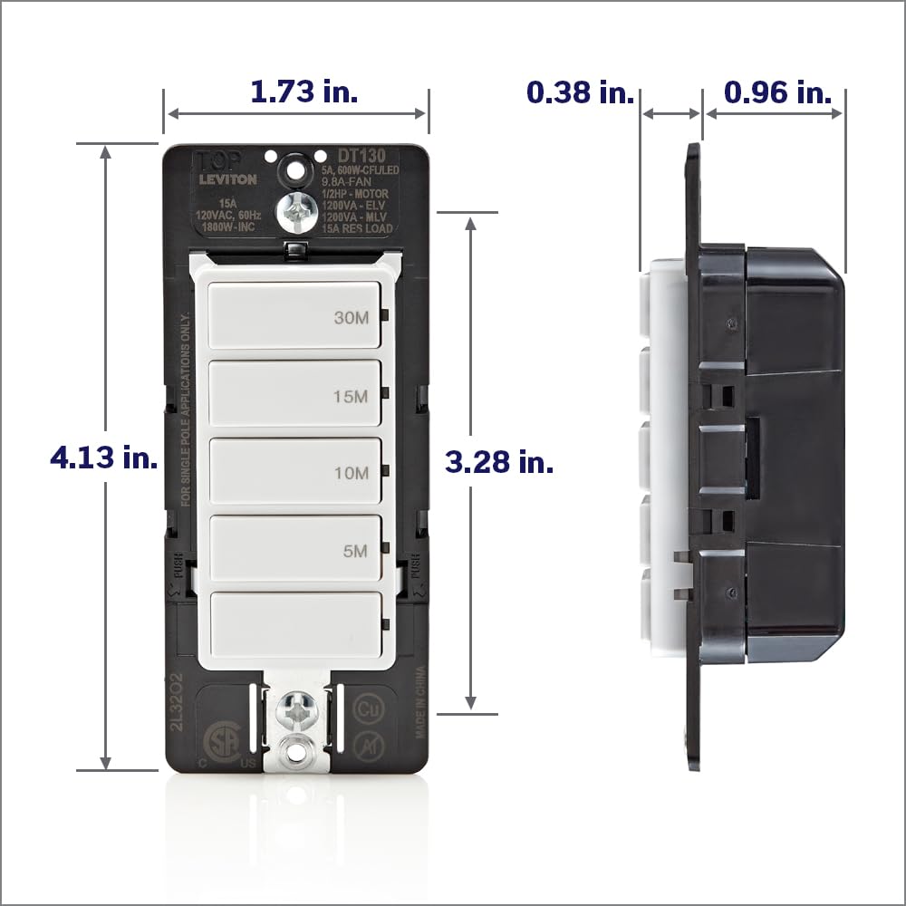 Leviton Countdown Timer Switch, 5-10-15-30 min, No Neutral Required, Single Pole, 15A, 1/2HP/9.8A Fan/Motor, DT130-1LW, White 🍁 All In One Marketplace Canada