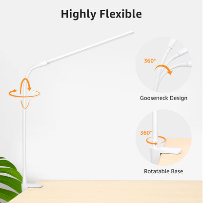 Lepro LED Desk Lamp with Clamp, USB Powered Clip on Light for Reading, 3 Color Modes & 10 Brightness, Eye-Caring Flicker-Free Task Light for Home Office, Bedside, Fits up to 1.97in Thick Desk, White - Available at All In One Marketplace Canada