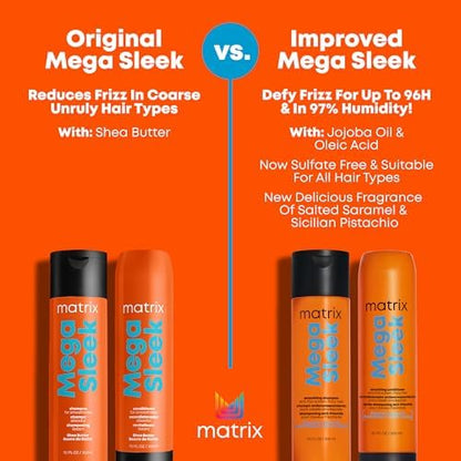 Matrix Mega Sleek Anti-Frizz Sulfate-Free Smoothing Shampoo for All Frizzy Hair, Professional Formula, For Humidity & Static Protection