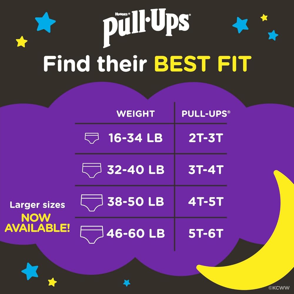 Huggies Size 5 Diapers, Boys Potty Training Underwear, Easy Open Training Pants 3T-4T, Pull-Ups Night-Time for Toddlers, 60ct, Giga Pack (Packaging May Vary)