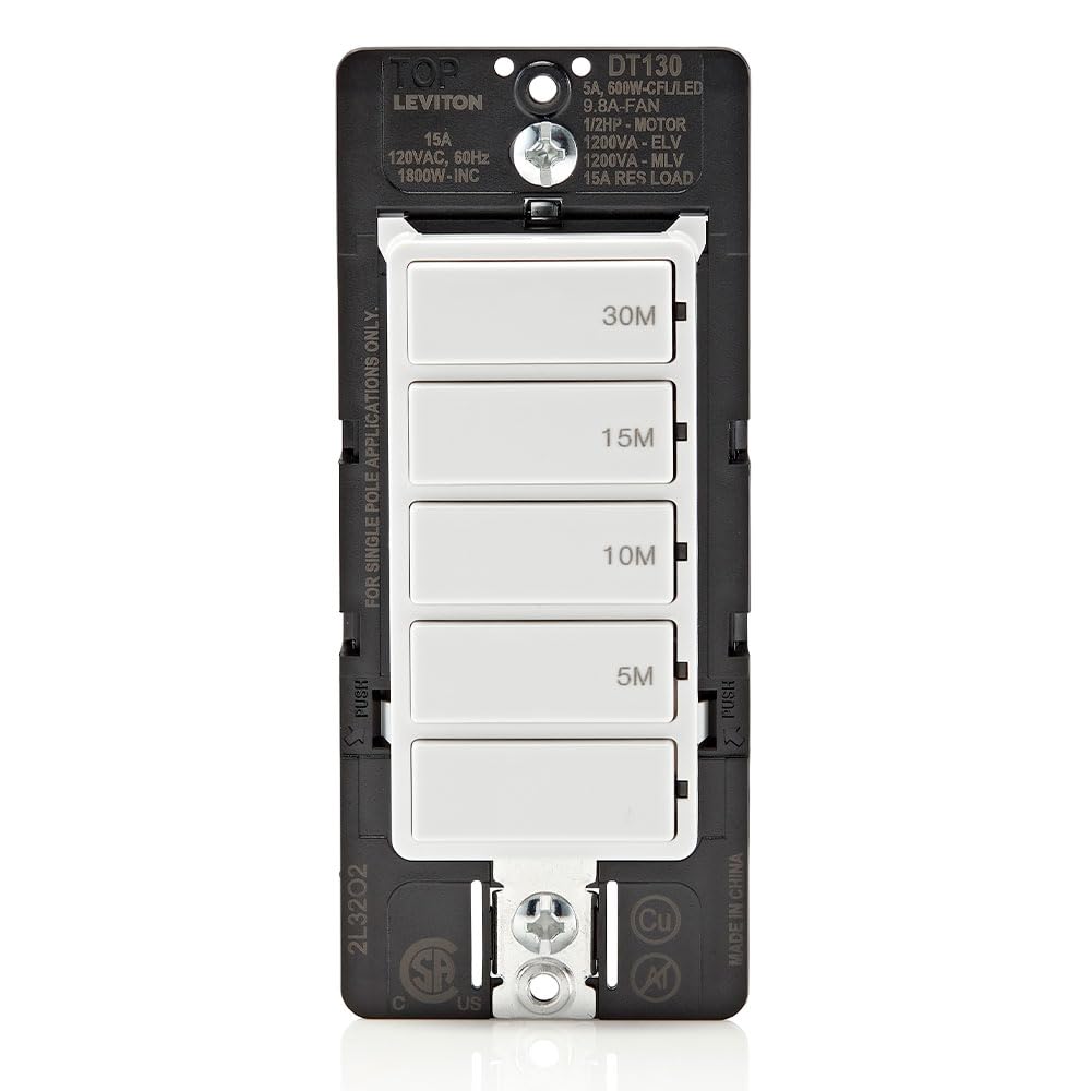 Leviton Countdown Timer Switch, 5-10-15-30 min, No Neutral Required, Single Pole, 15A, 1/2HP/9.8A Fan/Motor, DT130-1LW, White 🍁 All In One Marketplace Canada