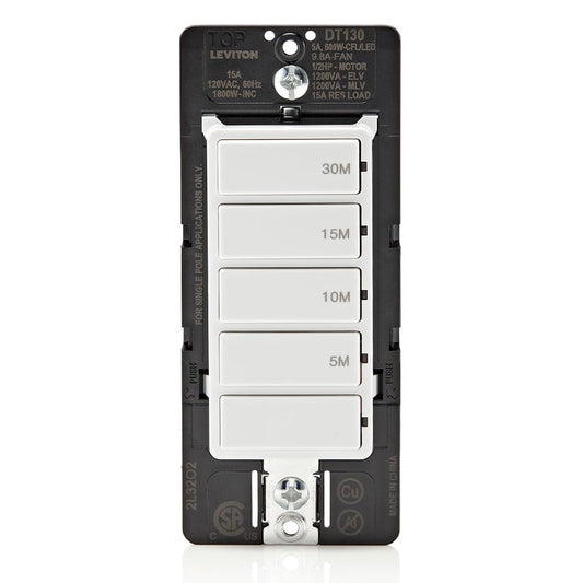 Leviton Countdown Timer Switch, 5-10-15-30 min, No Neutral Required, Single Pole, 15A, 1/2HP/9.8A Fan/Motor, DT130-1LW, White 🍁 All In One Marketplace Canada Leviton