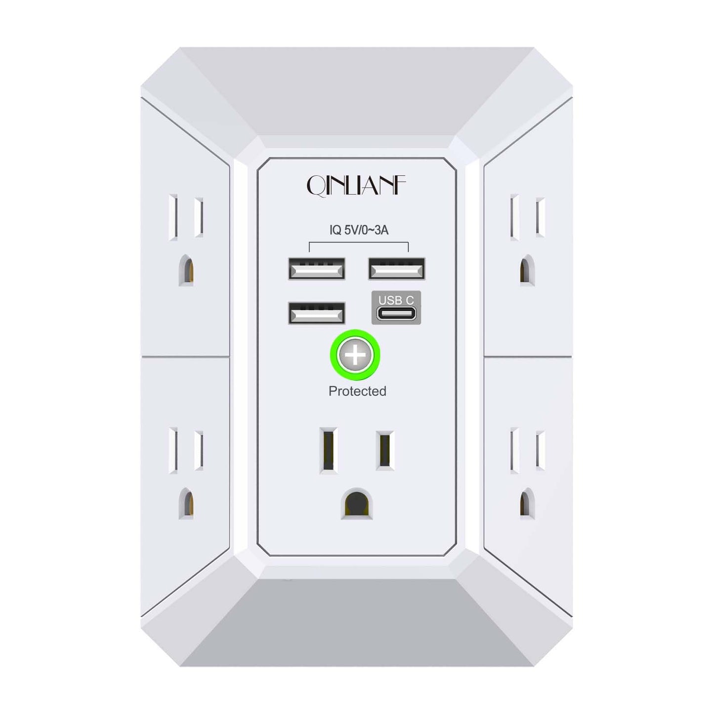 Wall Charger, Surge Protector, QINLIANF 5 Outlet Extender with 4 USB Charging Ports (4.8A Total) 3-Sided 1680J Power Strip Multi Plug Adapter Spaced for Home Travel Office (3U1C)