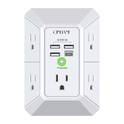 Wall Charger, Surge Protector, QINLIANF 5 Outlet Extender with 4 USB Charging Ports (4.8A Total) 3-Sided 1680J Power Strip Multi Plug Adapter Spaced for Home Travel Office (3U1C)