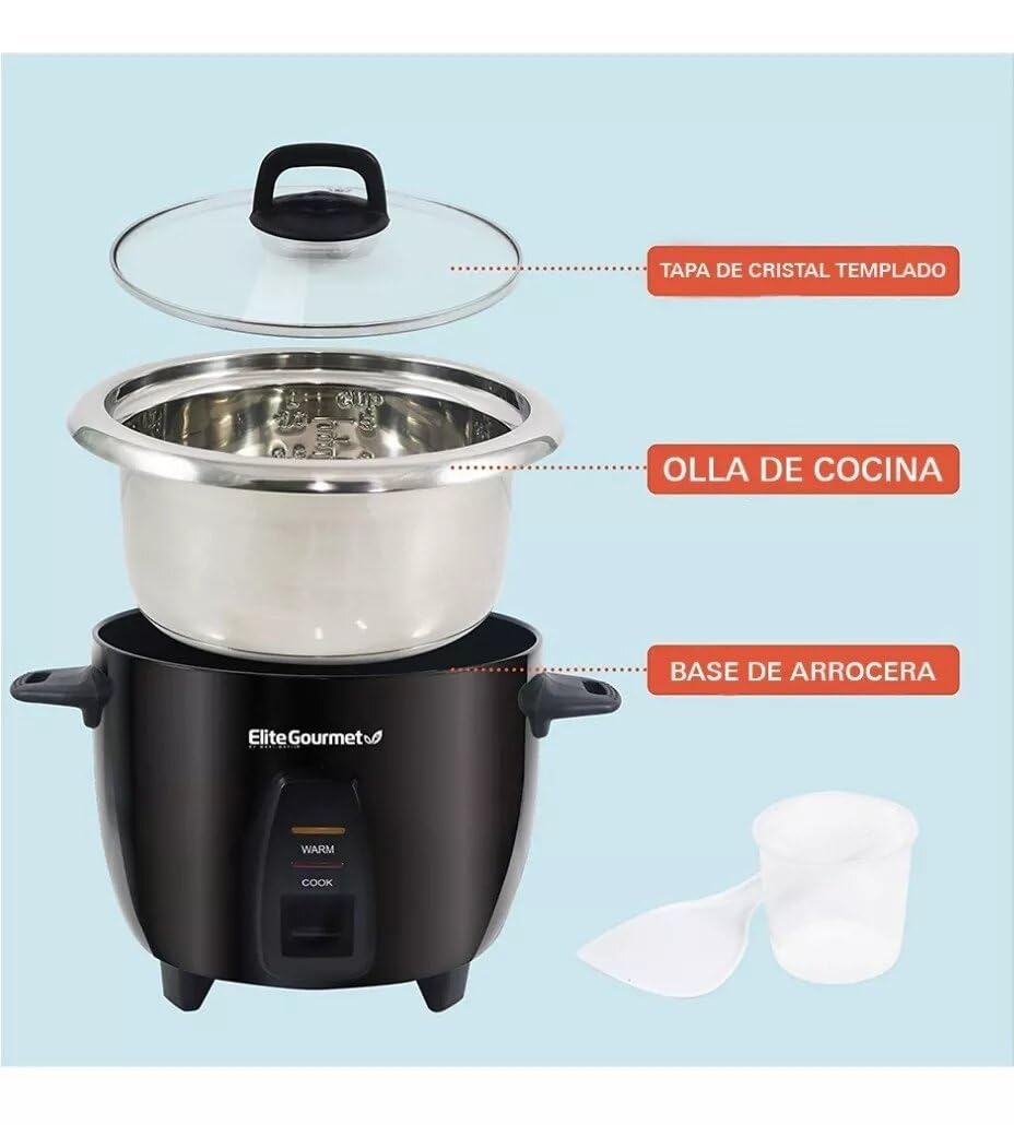 Elite Gourmet Maxi-Matic Electric Rice Cooker with Stainless Steel Inner Pot Makes Soups, Stews, Porridge's, Grains and Cereals, 10 cups cooked (5 Cups uncooked), Black, ERC-2010B Elite Gourmet