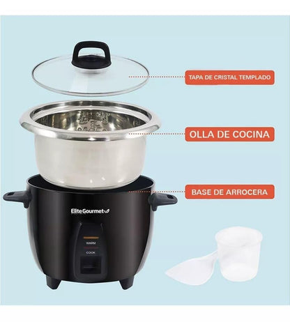 Elite Gourmet Maxi-Matic Electric Rice Cooker with Stainless Steel Inner Pot Makes Soups, Stews, Porridge's, Grains and Cereals, 10 cups cooked (5 Cups uncooked), Black, ERC-2010B Elite Gourmet
