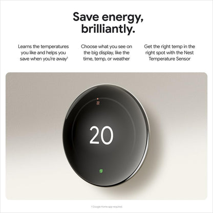 Google Nest Learning Thermostat (4th Gen) with Temp Sensor - Obsidian Google