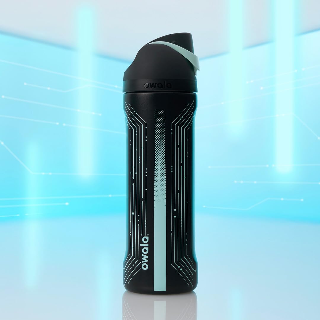 Owala TRON FreeSip Insulated Stainless Steel Glow in the Dark Water Bottle with Straw for Sports and Travel, BPA-Free, 24 oz, Black
