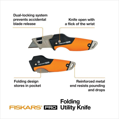 Fiskars Pro Retractable Folding Utility Knife, Box Cutter with Long-Lasting CarbonMax Razor Blade and Dual Lock Safety, Orange/Black Fiskars