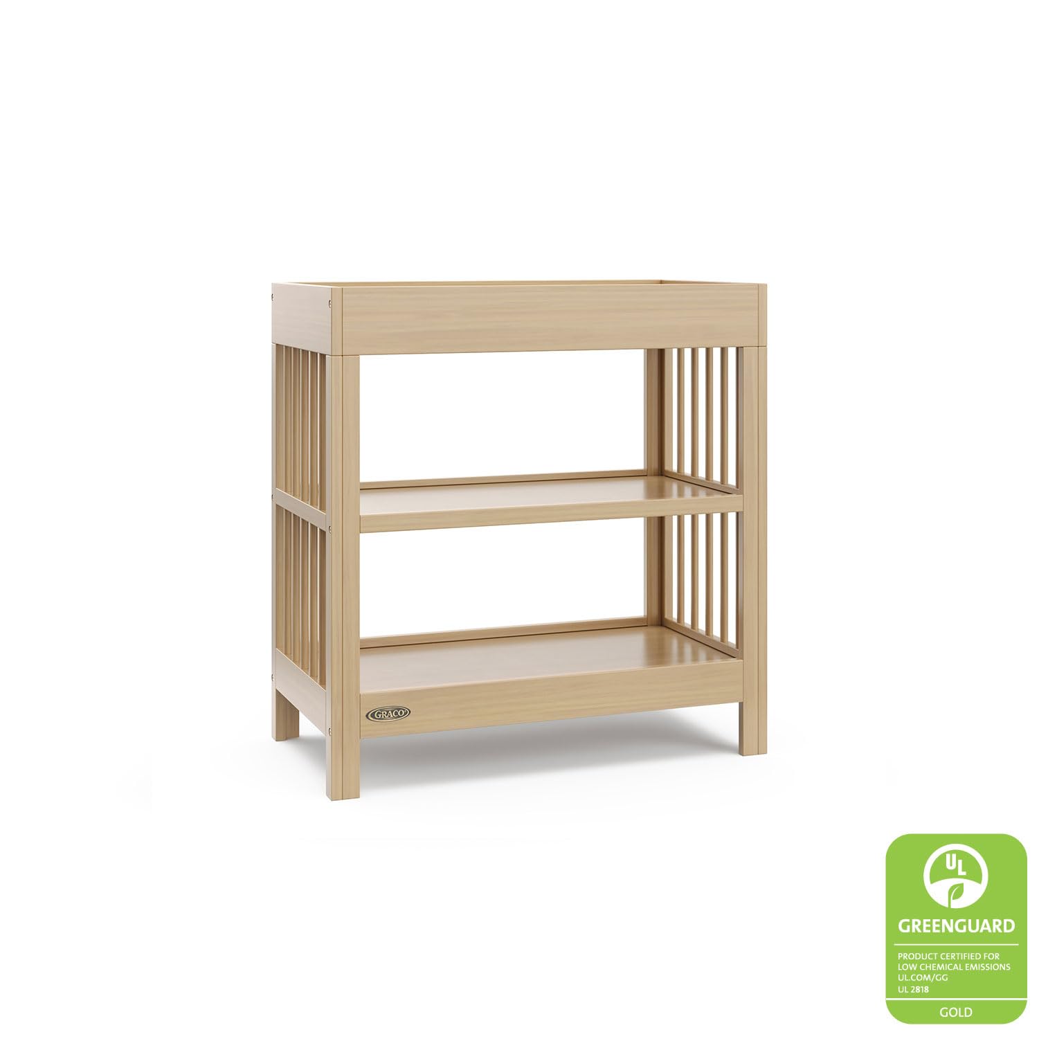 Graco Teddi Changing Table with Water-Resistant Changing Pad (Driftwood) - GREENGUARD Gold Certified, 2 Open Shelves, Includes Bonus Water-Resistant Changing Pad with Safety Strap Graco