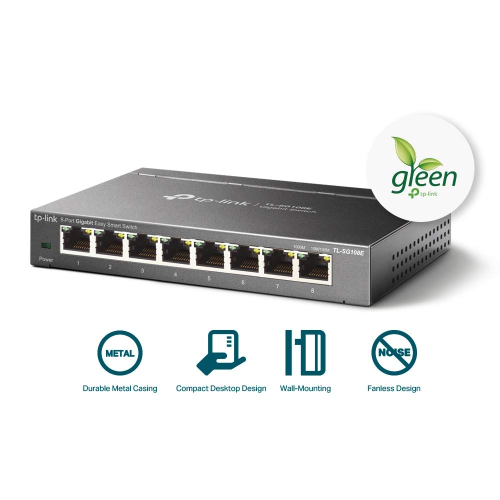 TP-Link 8 Port Gigabit Easy Smart Switch (TL-SG108E) – Managed, Plug & Play, Metal Housing, QoS, VLAN, IGMP, LAG, Desktop/Wall Mount, Limited Lifetime Protection