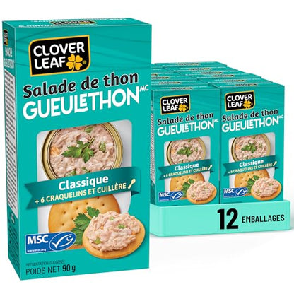 Clover Leaf Classic Tuna Salad Snack Kit - 90g Box, Pack of 12 - 7g Protein - Wild-Caught Skipjack with Crackers & Spoon