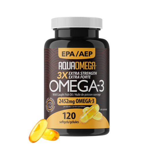 AQUAOMEGA 3X Extra Strength High EPA Fish Oil Omega 3 Supplements, Wild Caught Triple Strength Omega 3 Fish Oil Capsules with EPA, DHA and Vitamin D, Omega3 Supplements Made in Canada,120 Softgels - Available at All In One Marketplace Canada
