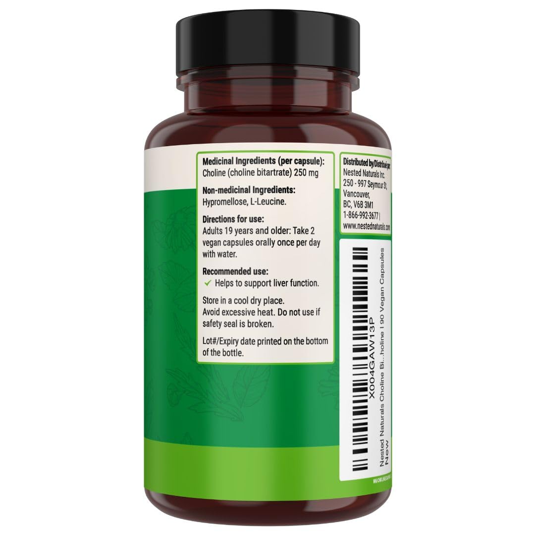 Nested Naturals Choline Bitartrate 500mg Per 2 Capsules | High Potency Choline Supplements | Supports Cognitive & Liver Function | 100% Vegan & Non-GMO Choline | 90 Vegan Capsules - Available at All In One Marketplace Canada