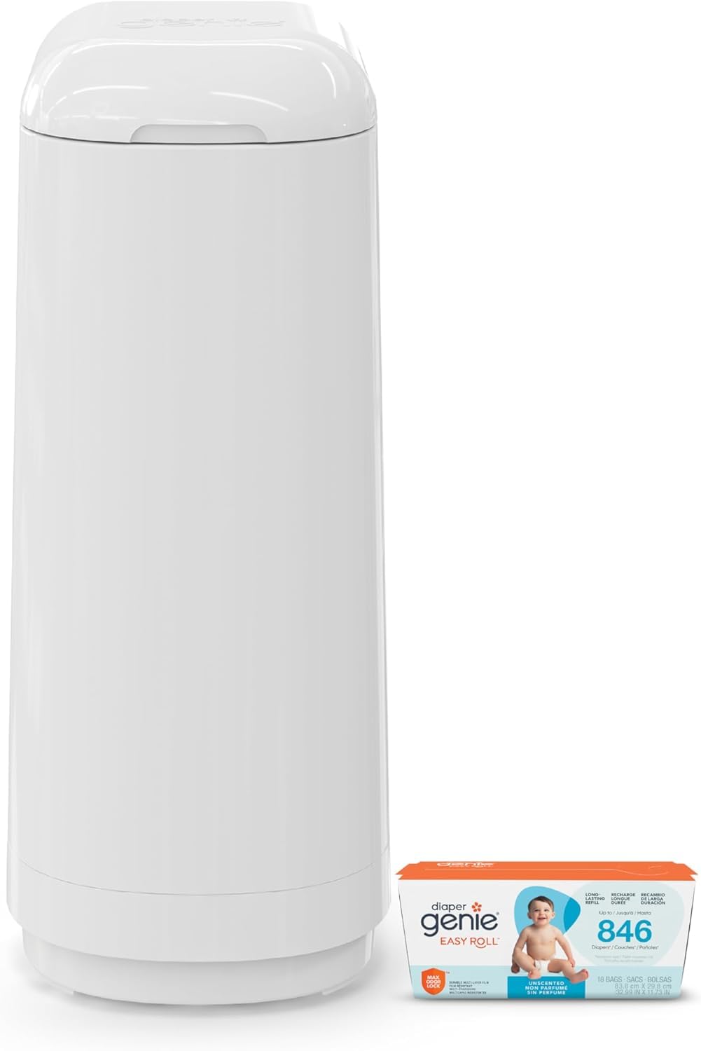 Diaper Genie Essence Pail, White with 18 Easy Roll Refill Bags