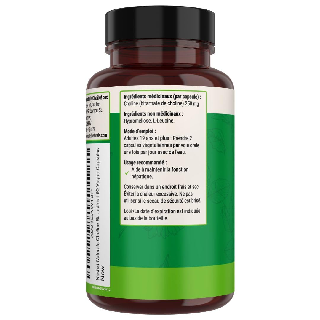 Nested Naturals Choline Bitartrate 500mg Per 2 Capsules | High Potency Choline Supplements | Supports Cognitive & Liver Function | 100% Vegan & Non-GMO Choline | 90 Vegan Capsules - Available at All In One Marketplace Canada