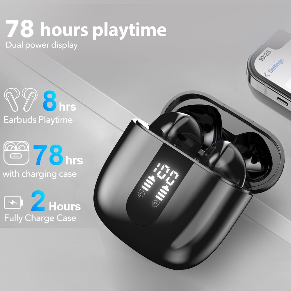 JBES Bluetooth Earbuds Wireless Headphones, 60H Deep Bass Ear Buds with 4 Noise Cancelling Microphone, IP5 Waterproof Earphones for iPhone Android Sports audifonos Bluetooth inalambricos (Obsidian)