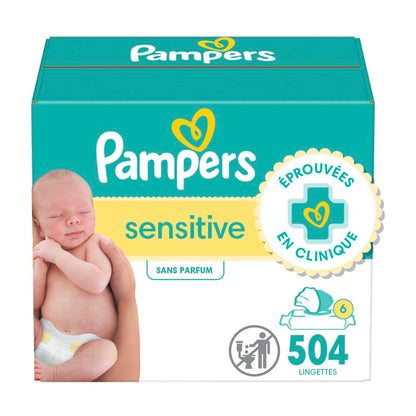 Pampers Sensitive Baby Wipes, Clinically Proven, Water Based, Hypoallergenic and Unscented Baby Wipes, 504 Baby Wipes Total (6X Flip-Top Packs)