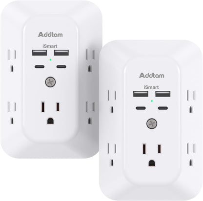 2 Pack USB Wall Charger Surge Protector, Multi Plug Outlet with 5 Outlet Extender and 4 USB Charging Ports (2 USB C Outlet) 3 Sided 1800J Power Bar for Home Travel Office - Available at All In One Marketplace Canada