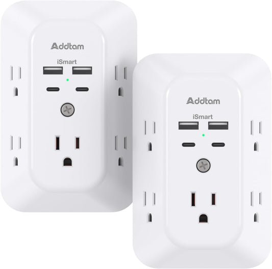 2 Pack USB Wall Charger Surge Protector, Multi Plug Outlet with 5 Outlet Extender and 4 USB Charging Ports (2 USB C Outlet) 3 Sided 1800J Power Bar for Home Travel Office - Available at All In One Marketplace Canada