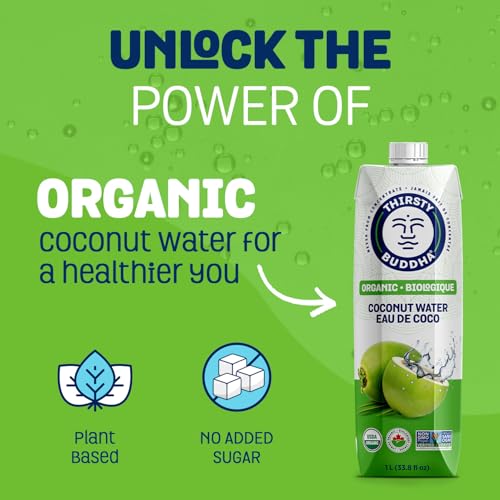 Thirsty Buddha Organic Coconut Water - Electrolyte-Packed Natural Hydration, No Added Sugar, 6-Pack (6 x 1L)