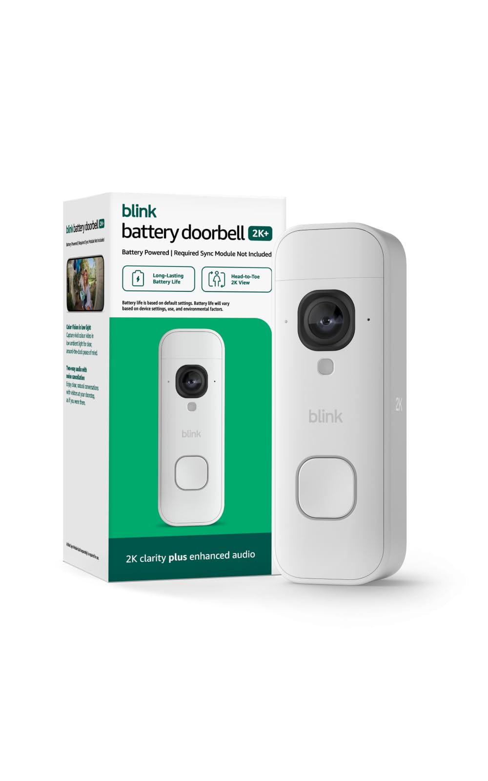 Blink Battery Doorbell 2K+ (newest model) — Wireless video doorbell, 2K resolution, enhanced audio. Required Sync Module not included – Add-On (White)