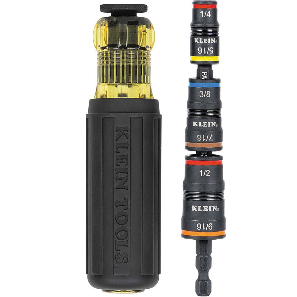 Klein Tools 32910 Impact Driver, 7-in-1 SAE Impact Socket Set with Handle, Flip Socket with 1/4, 5/16, 3/8, 7/16, 1/2 and 9/16-Inch Nut Driver Sizes and 1/4-Inch Bit Holder KLEIN TOOLS