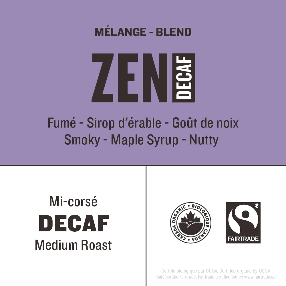 ZEN Organic Decaf Medium Roast Whole Bean Coffee | Water-Processed | Smoky, Maple & Nutty Flavors | Espresso & Filter Compatible | Canadian Roasted | 650g (2-Pack)