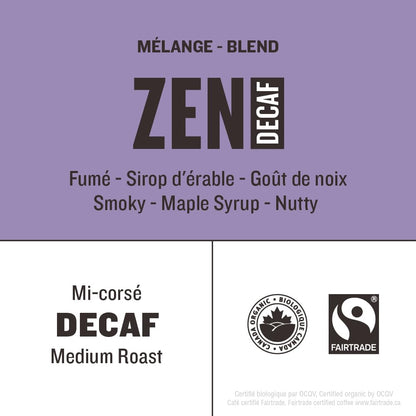 ZEN Organic Decaf Medium Roast Whole Bean Coffee | Water-Processed | Smoky, Maple & Nutty Flavors | Espresso & Filter Compatible | Canadian Roasted | 650g (2-Pack)