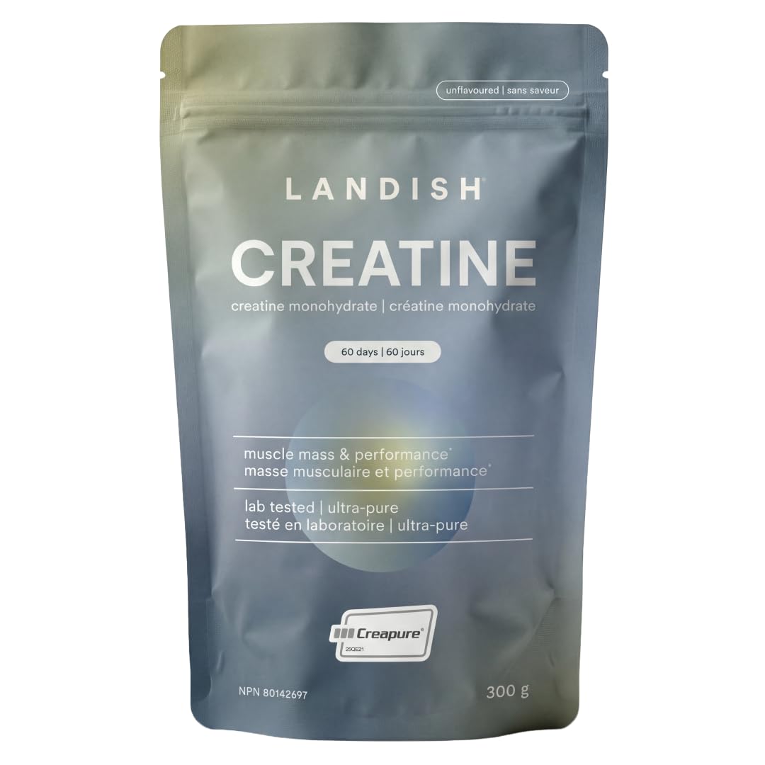Landish Creatine Monohydrate Powder – Creapure®, German-Made Micronized Creatine – Canadian Brand – Increases Muscle Mass & Improves Strength – For Women & Men – Vegan –Unflavoured – 300 g (60 Servings) - Available at All In One Marketplace Canada